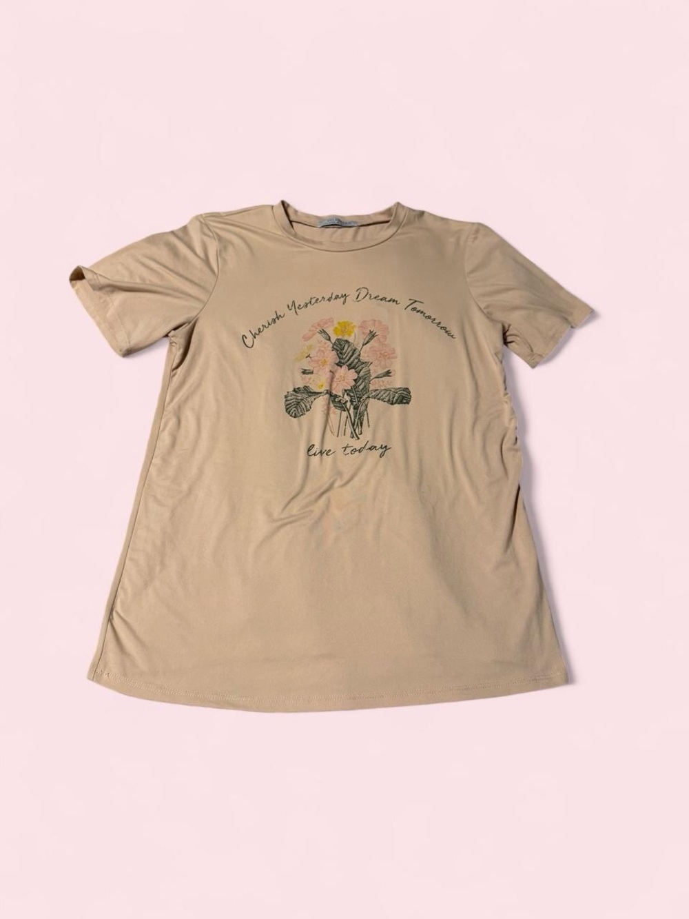 Polagram Beige Floral & Script Short Sleeve Tee